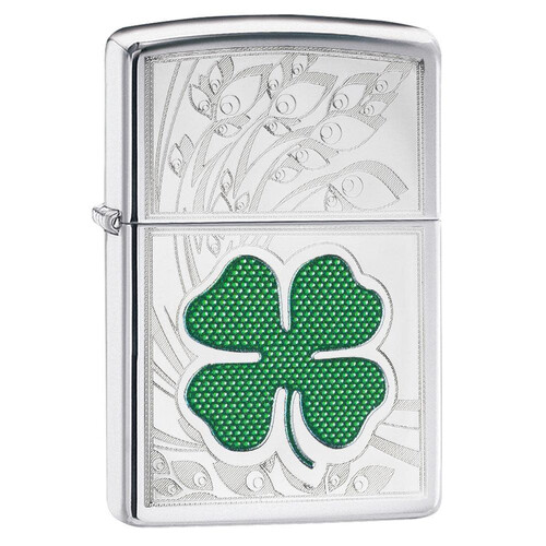 Зажигалка ZIPPO Клевер с покрытием Глянцевый хром | Clover High Polish Chrome, латунь/сталь, серебристая, 38x13x57 мм