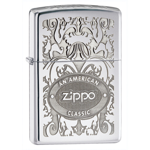 Зажигалка ZIPPO Филигранный логотип с покрытием Глянцевый хром | Crown Stamp™ High Polish Chrome, латунь/сталь, серебристая, 38x13x57 мм