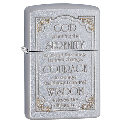 Зажигалка ZIPPO Молитва о безмятежности с покрытием сатинированный хром | Serenity Prayer Satin Chrome, латунь/сталь, серебристая, матовая,38x13x57 мм