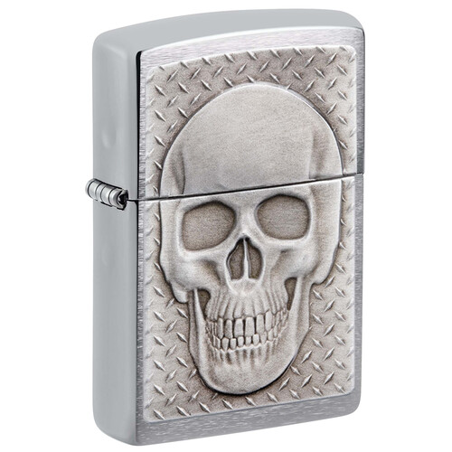 Зажигалка ZIPPO Череп с покрытием матовый хром | Skull Design Brushed Chrome, латунь/сталь, серебристая, 38x13x57 мм