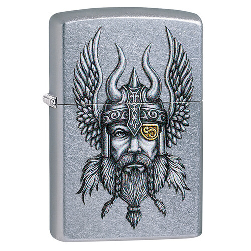 Зажигалка ZIPPO Викинг с покрытием поцарапанный хром | Viking Warrior Street Chrome, латунь/сталь, серебристая, 38x13x57 мм