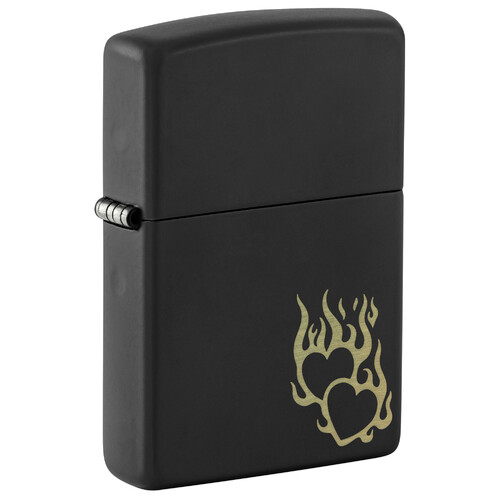 Зажигалка ZIPPO Сердца в огне с черным матовым покрытием | Fire Heart Black Matte, латунь/сталь, черная, матовая, 38x13x57 мм