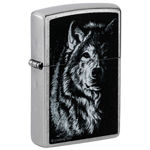 Зажигалка ZIPPO Линдси Киви «Теневой волк» с покрытием поцарапанный хром | Lindsay Kivi Shadow Wolf Street Chrome,латунь/сталь,серебристая,38x13x57 мм