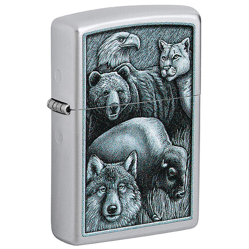 Зажигалка ZIPPO Королевство зверей с покрытием сатинированный хром | Animal Kingdom Design Satin Chrome, латунь/сталь,серебристая,матовая,38x13x57 мм