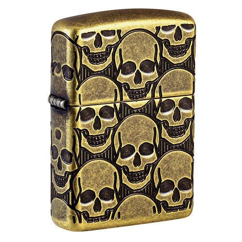 Зажигалка ZIPPO Armor® Ухмыляющиеся черепушки с покрытием античная латунь | Cackling Cranium Antique Brass, латунь/сталь, золотистая, матовая, 38x13x5
