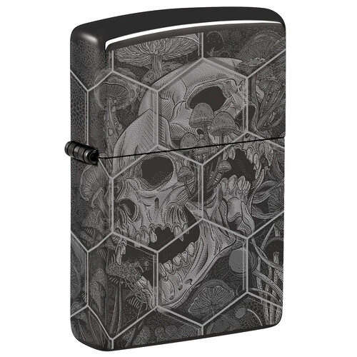 Зажигалка ZIPPO Грибы и черепа с черным глянцевым покрытием | Mushroom Skulls High Polish Black, латунь/сталь, черная, глянцевая, 38x13x57 мм