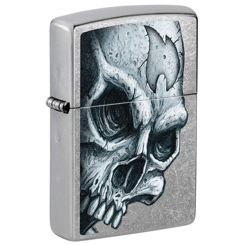 Зажигалка ZIPPO Череп и пламя с покрытием поцарапанный хром | Skull and Flame Street Chrome, латунь/сталь, серебристая, матовая, 38x13x57 мм