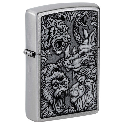 Зажигалка ZIPPO Джунгли с покрытием поцарапанный хром | Jungle Design Street Chrome, латунь/сталь, серебристая, 38x13x57 мм