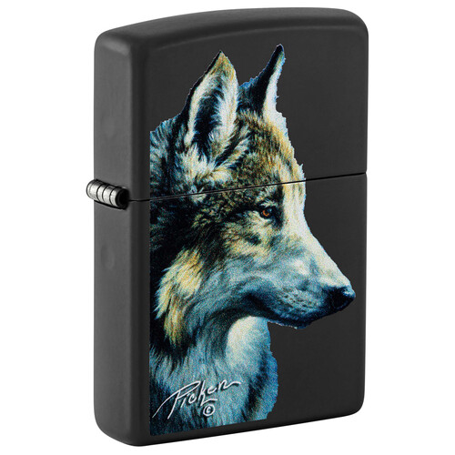 Зажигалка ZIPPO Линда Пикен «Волк» с черным матовым покрытием | Linda Picken Black Matte, латунь/сталь, черная, 38x13x57 мм