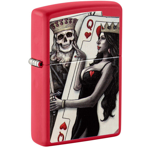 Зажигалка ZIPPO Король скелетов и королева красоты с красным матовым покрытием | Skull King Queen Beauty Red Matte, латунь/сталь, красная, 38x13x57 мм