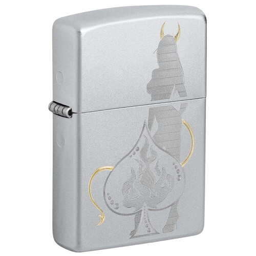 Зажигалка ZIPPO Дьявольский туз пик с покрытием сатинированный хром | Devilish Ace Satin Chrome, латунь/сталь, серебристая, 38x13x57 мм