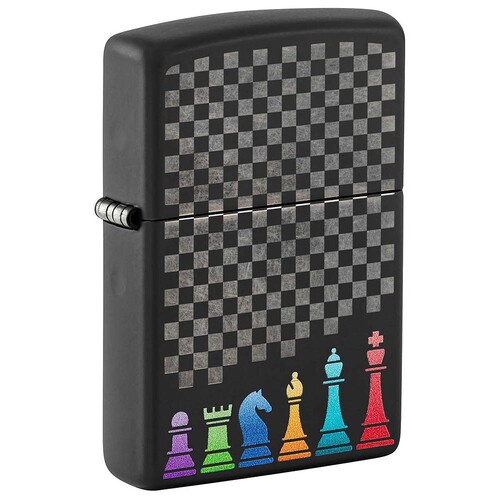 Зажигалка ZIPPO Шахматные фигуры с черным матовым покрытием | Chess Pieces Black Matte, латунь/сталь, черная 38x13x57 мм