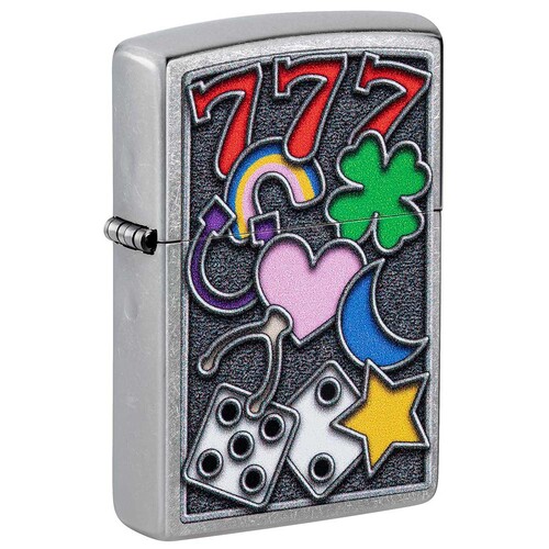 Зажигалка ZIPPO Талисманы удачи с покрытием поцарапанный хром | All Luck Street Chrome, латунь/сталь, серебристая, 38x13x57 мм