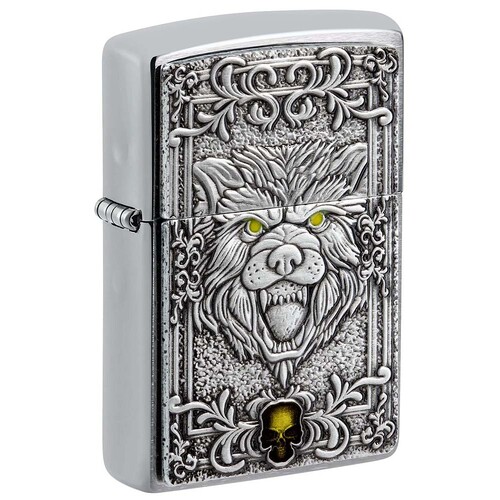 Зажигалка ZIPPO Эмблема с головой волка с покрытием матовый хром | Wolf Emblem Brushed Chrome, латунь/сталь, серебристая, 36x13x57 мм