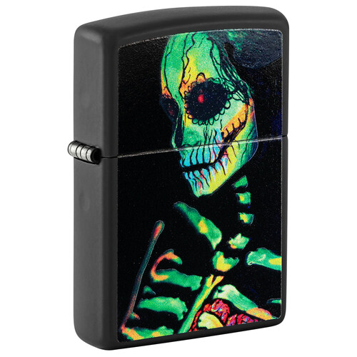 Зажигалка ZIPPO Скелет с покрытием черный свет | Skeleton Design Black Light, латунь/сталь, черная, матовая, 38x13x57 мм