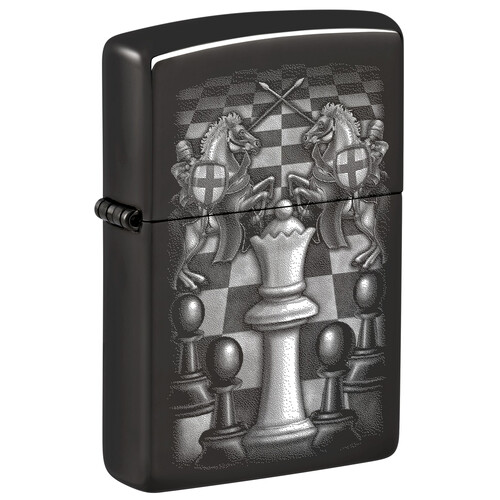 Зажигалка ZIPPO Шахматы с черным глянцевым покрытием | Chess Design High Polish Black, латунь/сталь, черная, 38x13x57 мм