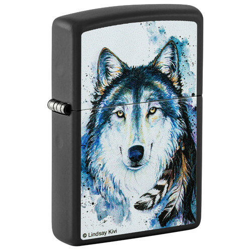 Зажигалка ZIPPO Линдси Киви «Хороший волк» с черным матовым покрытием | Lindsay Kivi Good Wolf Black Matte, латунь/сталь, черная,матовая, 38x13x57 мм