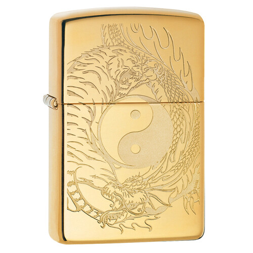 Зажигалка ZIPPO Тигр и дракон с покрытием Глянцевая латунь | Tiger and Dragon High Polish Brass, латунь/сталь, золотистая, 38x13x57мм