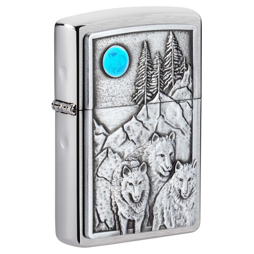 Зажигалка ZIPPO Волки с покрытием матовый хром | Wolf Design Brushed Chrome, латунь/сталь, серебристая, 38x13x57 мм
