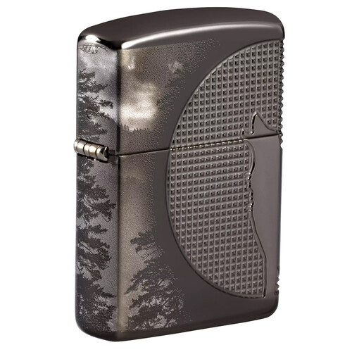 Зажигалка ZIPPO Armor™ Волк с глянцевым покрытием Черный лед | Wolf High Polish Black Ice®, латунь/сталь, чёрная, 38x13x57 мм