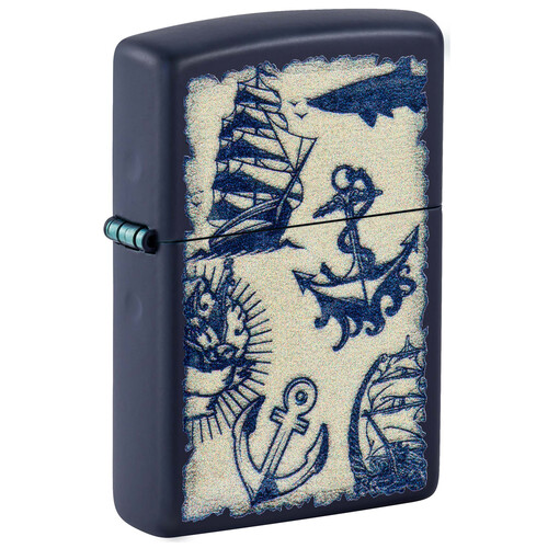 Зажигалка ZIPPO Морская с темно-синем матовым покрытием | Nautical Design Navy Matte, латунь/сталь, синяя, матовая, 38x13x57 мм