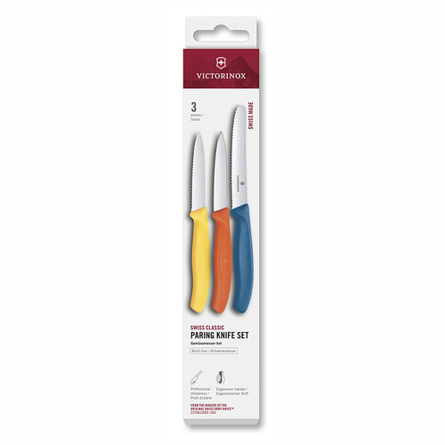 Набор из 3 ножей для овощей VICTORINOX: желтый нож 8 см, оранжевый нож 8 см, голубой нож 11 см