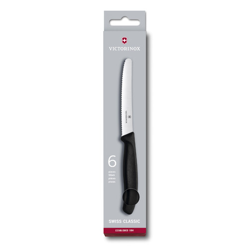 Набор из 6 столовых ножей VICTORINOX SwissClassic, 11 см, волнистая кромка, чёрная рукоять