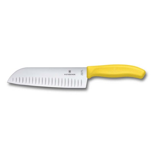 Нож сантоку VICTORINOX SwissClassic, рифлёное лезвие 17 см, жёлтый, в картонном блистере