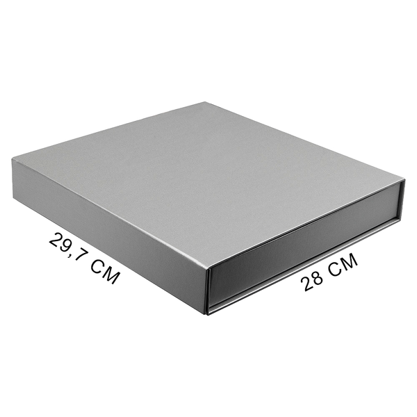 Подарочная коробка, размер 29,7*28,0*4,5 см, Solution Prestige Magnum Fabrique магнитным клапаном под индивидуальную вырубку, с ложементом из поролона, серебристая