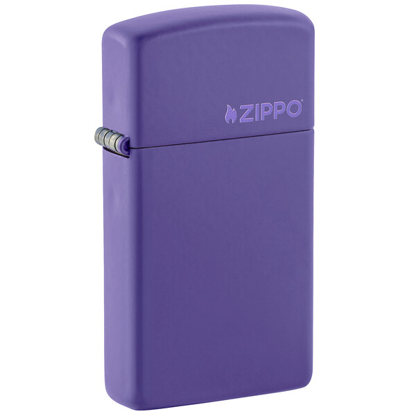Зажигалка ZIPPO узкая Логотип с фиолетовым матовым покрытием | Slim® Logo Purple Matte, латунь/сталь, фиолетовая, матовая, 29x10x60 мм
