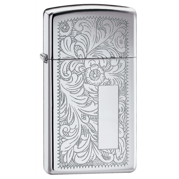 Зажигалка ZIPPO узкая Венецианская с покрытием глянцевый хром | Slim® Venetian® High Polish Chrome, латунь/сталь, серебристая, глянцевая, 29x10x60 мм