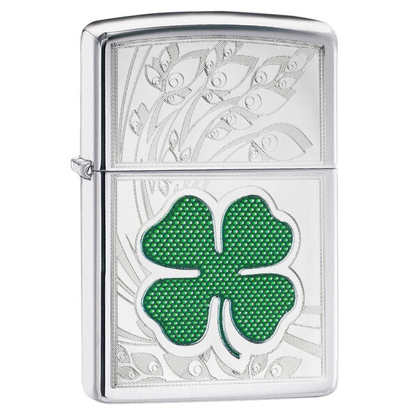 Зажигалка ZIPPO Клевер с покрытием Глянцевый хром | Clover High Polish Chrome, латунь/сталь, серебристая, 38x13x57 мм