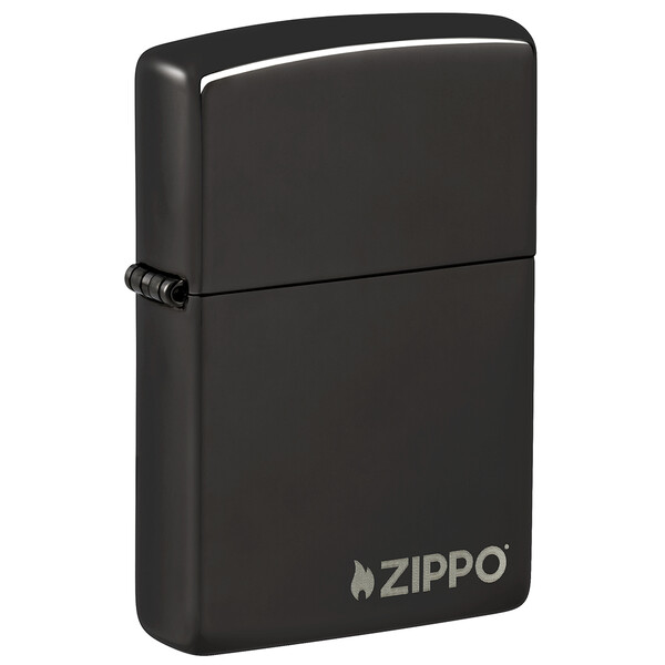 Зажигалка ZIPPO Логотип с черным глянцевым покрытием | Logo High Polish Black, латунь/сталь, чёрная с логотипом, глянцевая, 38x13x57 мм