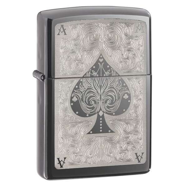 Зажигалка ZIPPO Филигранный туз с покрытием черный лед | Ace Filigree Black Ice ®, латунь/сталь, чёрная, глянцевая, 38x13x57 мм