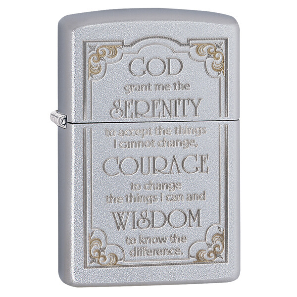 Зажигалка ZIPPO Молитва о безмятежности с покрытием сатинированный хром | Serenity Prayer Satin Chrome, латунь/сталь, серебристая, матовая,38x13x57 мм