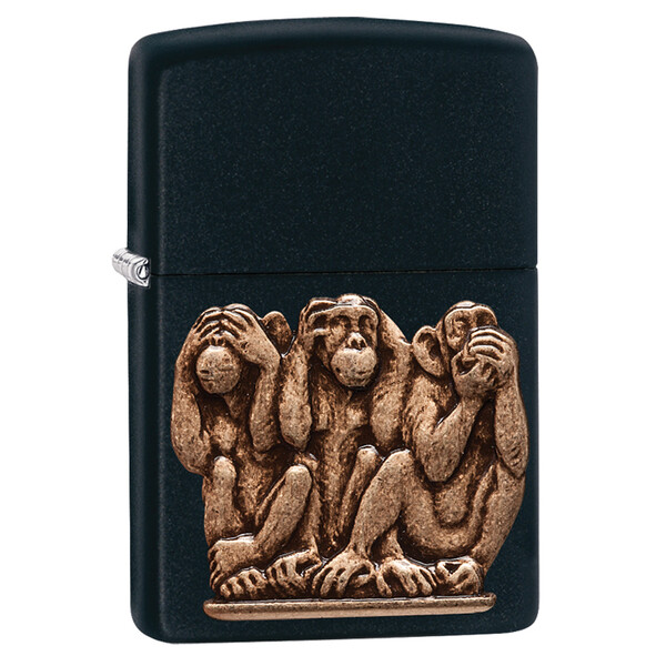 Зажигалка ZIPPO Три обезьяны с черным матовым покрытием | Three Monkeys Black Matte, латунь/сталь, чёрная, матовая, 38x13x57 мм