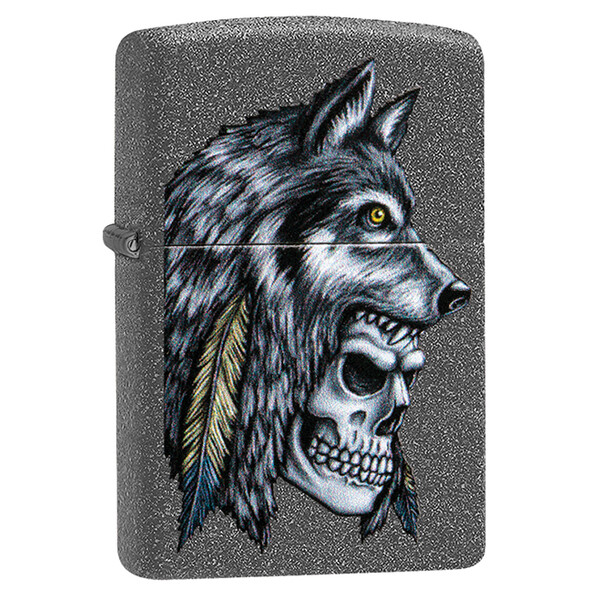 Зажигалка ZIPPO Череп с головой волка с каменным покрытием | Wolf Skull Iron Stone, латунь/сталь, серая, матовая, 38x13x57 мм