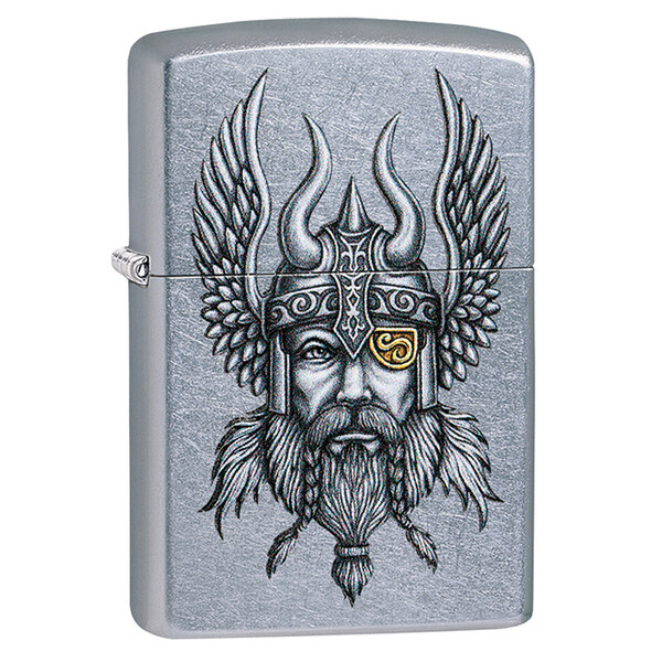 Зажигалка ZIPPO Викинг с покрытием поцарапанный хром | Viking Warrior Street Chrome, латунь/сталь, серебристая, 38x13x57 мм
