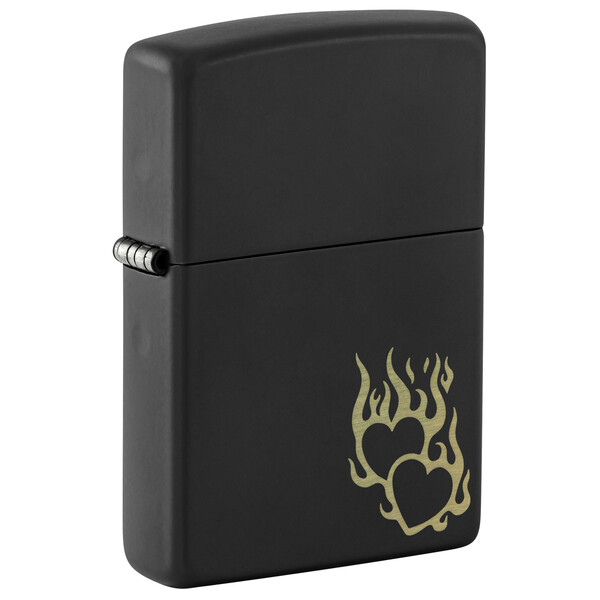 Зажигалка ZIPPO Сердца в огне с черным матовым покрытием | Fire Heart Black Matte, латунь/сталь, черная, матовая, 38x13x57 мм