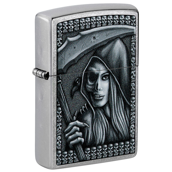 Зажигалка ZIPPO Зловещая красота с покрытием поцарапанный хром | Grim Beauty Street Chrome, латунь/сталь, серебристая, матовая, 38x13x57 мм