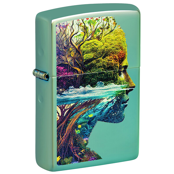 Зажигалка ZIPPO Единение с природой с зеленым глянцевым покрытием | One with Nature Design High Polish Green, латунь/сталь, зеленая, 38x13x57 мм