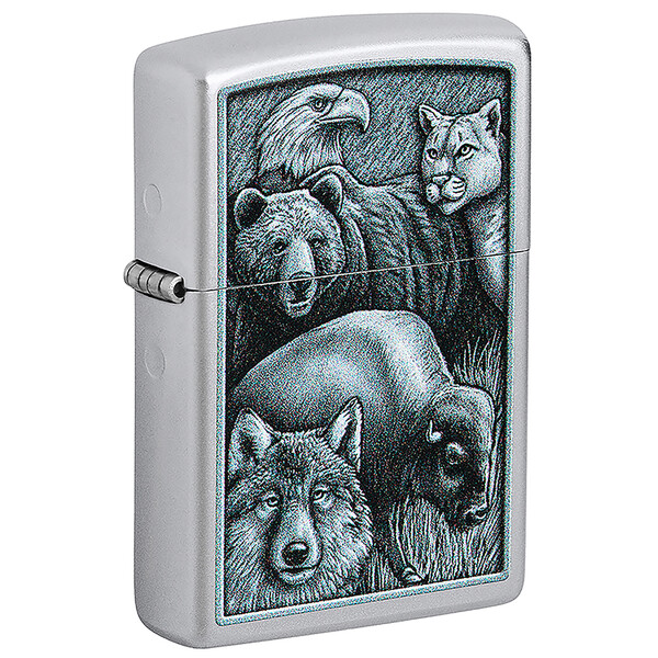 Зажигалка ZIPPO Королевство зверей с покрытием сатинированный хром | Animal Kingdom Design Satin Chrome, латунь/сталь,серебристая,матовая,38x13x57 мм