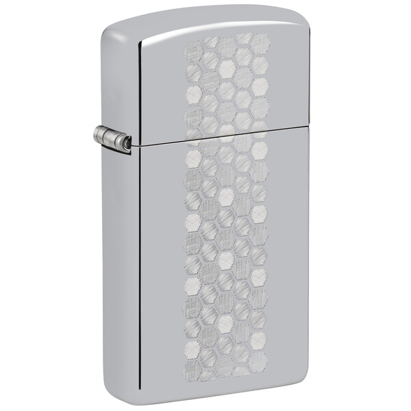 Зажигалка ZIPPO узкая Медовые соты с покрытием глянцевый хром | Slim® Honeycomb Design High Polish Chrome, латунь/сталь, серебристая, 29x10x60 мм