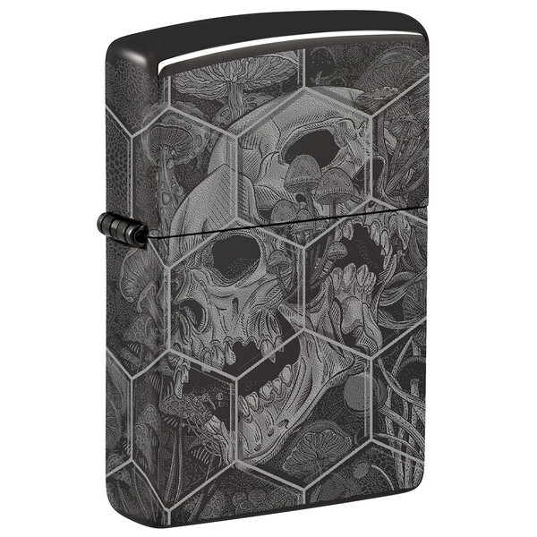 Зажигалка ZIPPO Грибы и черепа с черным глянцевым покрытием | Mushroom Skulls High Polish Black, латунь/сталь, черная, глянцевая, 38x13x57 мм