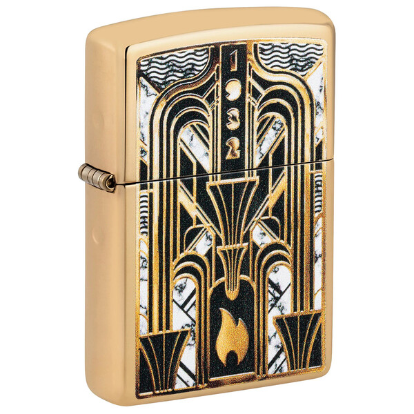 Зажигалка ZIPPO Пламя в стиле ар-деко с покрытием Глянцевая латунь | Art Deco Flame High Polish Brass, латунь/сталь, золотистая, 38x13x57мм
