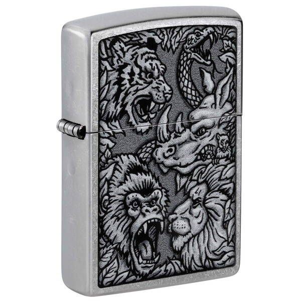 Зажигалка ZIPPO Джунгли с покрытием поцарапанный хром | Jungle Design Street Chrome, латунь/сталь, серебристая, 38x13x57 мм