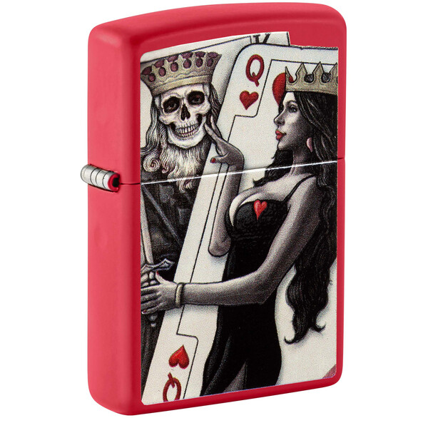 Зажигалка ZIPPO Король скелетов и королева красоты с красным матовым покрытием | Skull King Queen Beauty Red Matte, латунь/сталь, красная, 38x13x57 мм