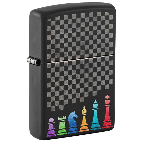 Зажигалка ZIPPO Шахматные фигуры с черным матовым покрытием | Chess Pieces Black Matte, латунь/сталь, черная 38x13x57 мм
