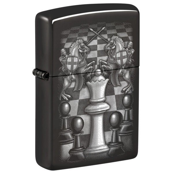 Зажигалка ZIPPO Шахматы с черным глянцевым покрытием | Chess Design High Polish Black, латунь/сталь, черная, 38x13x57 мм
