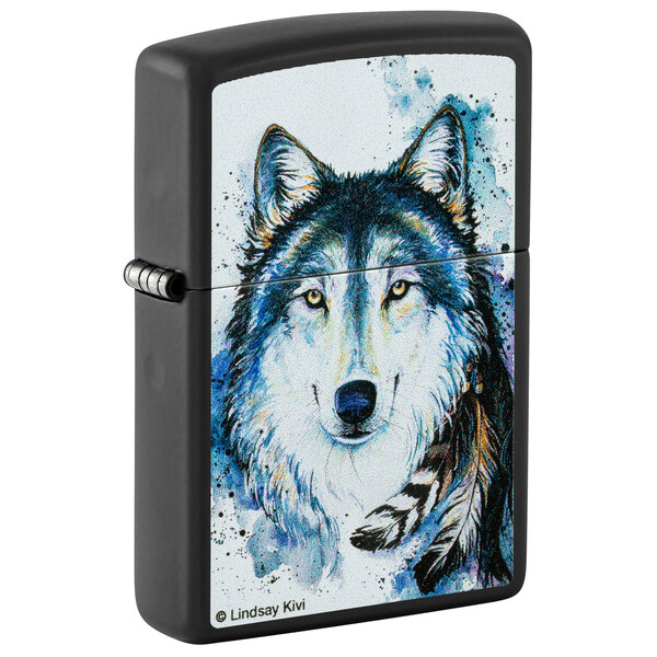 Зажигалка ZIPPO Линдси Киви «Хороший волк» с черным матовым покрытием | Lindsay Kivi Good Wolf Black Matte, латунь/сталь, черная,матовая, 38x13x57 мм
